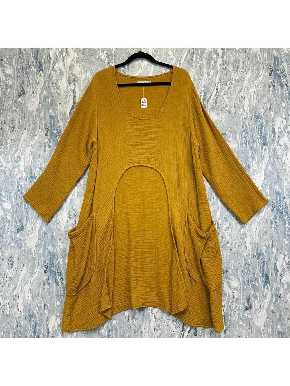 Boho Cottage Lagenlook Artsy Mustard Yellow Tunic Dress (L)